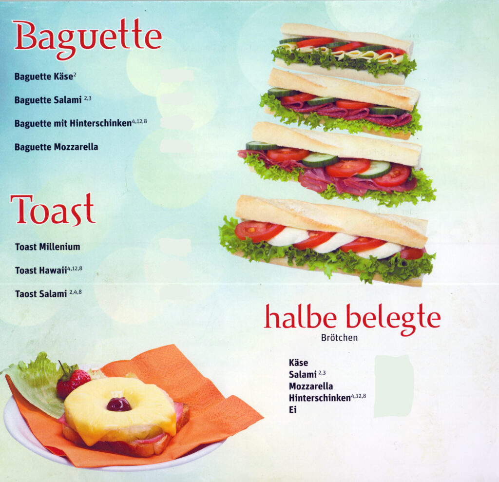 Millennium Eiscafé - Speisekarte mit 4 Baguette, 3 Toast und 5 halbe Belegte Brötchen