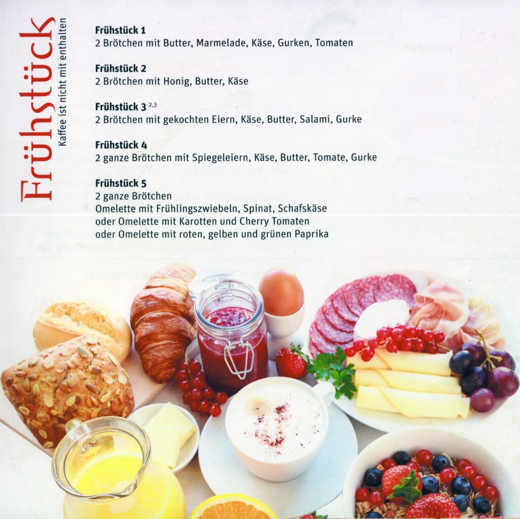 Millennium Eiscafé- Speisekarte mit 5 Frühstücks-Variationen