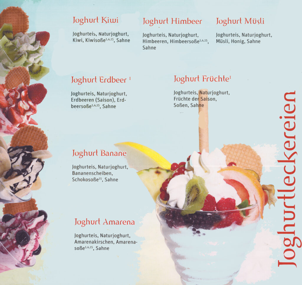 Millennium-Euscafé - Eiskarte mit 7 Joghurtleckereien:: Joghurt Kiwi, Himbeer, Müsli, Erdbeer, Früchte, Banane, Amarena