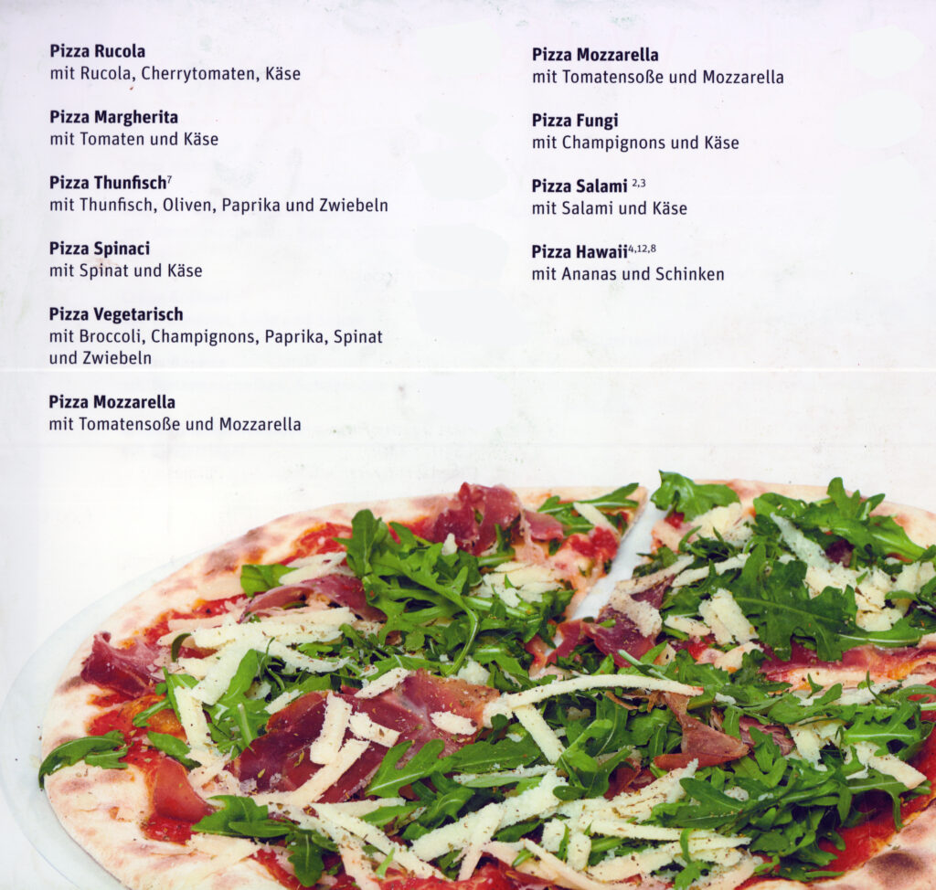 Millennium Eiscafé - Speisekarte mit 10 weiteren Pizza-Varioationen, unter anderm Margherita, Rucola, Spinaci, Vegetarisch, Mozarella, Fungi, Salami und Hawaii