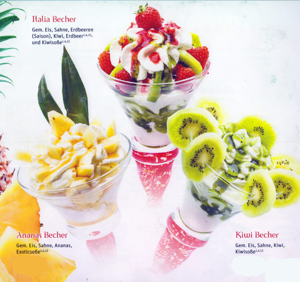 Millennium Eiscafé Eiskarte mit Italia Becher, Ananas Becher und Kiwi Becher