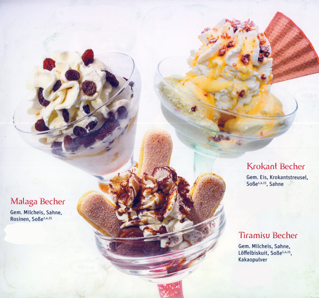 Millennium Eiscafé - Eiskarte mit Malaga Becher, Krokant Becher und Tiramisu Becher